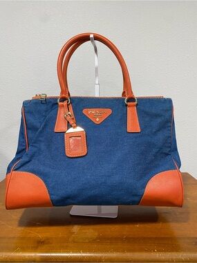 Navy Canvas Tote with Orange Leather Trim